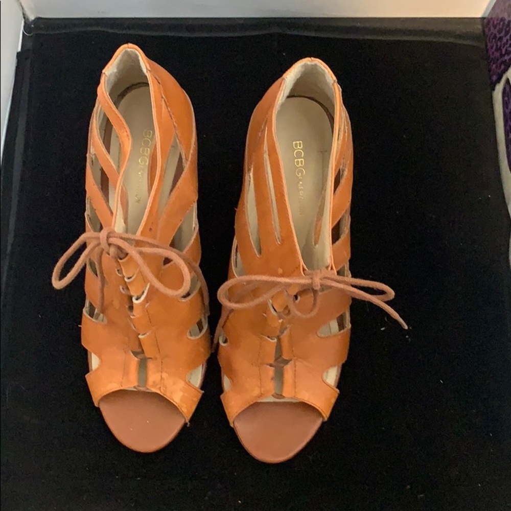 BCBGeneration leather tan luggage colored sandals
